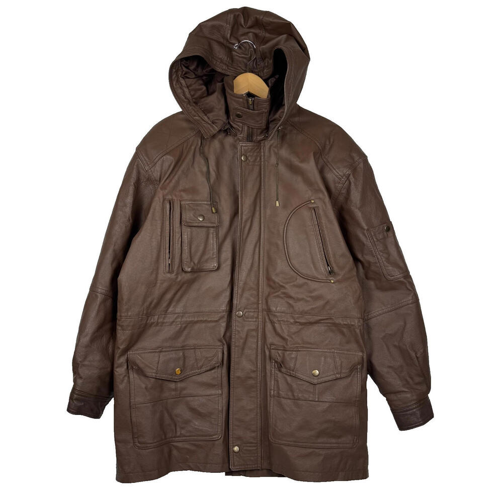 Vintage Context Men's Medium Brown Leather Parka Coat Jacket Hooded 90s Heavy